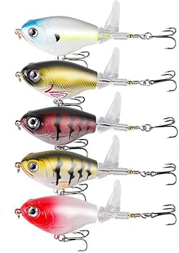 5pcs3.74in0.564oz Whopper Popper Fishing Lures with Rotating Tail Floating Wobblers Fishing Bait for Trout Bass Black Fish Angler Gift