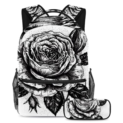 Sac à dos rose rouge et noir avec trousse d'école pour fille et garçon