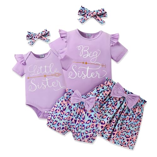 FAMIHAO Big Sister Little Sister Matching Outfits Toddler Girl Clothes Newborn Baby Ruffle Romper Floral Pants/Skirts Headband 3Pcs,5-6Y Purple