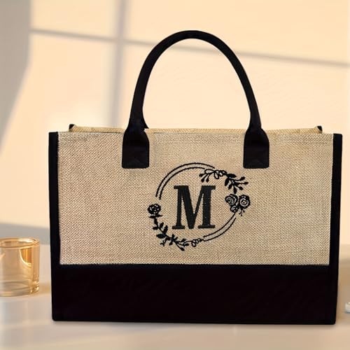 Bolsa de praia de lona com inicial personalizada, bolsa de presente com monograma, bolsa de juta para mulheres (26 letras impressas aleatoriamente)