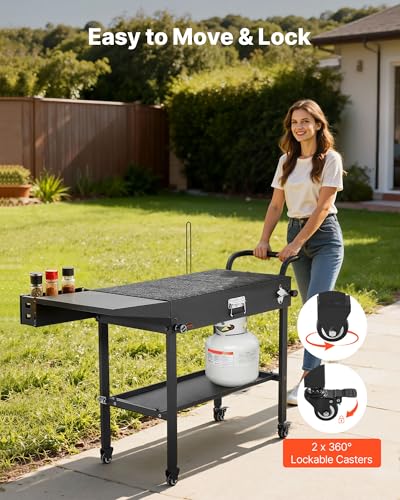 VEVOR Grillwagen Outdoor 787x432 mm (Tischplattengröße), Klappbarer Grilltisch mit Taschentuchhalter & Haken & Rädern & Seitentisch, Grillvorbereitungstisch Servierwagen für Picknick Küche Garten