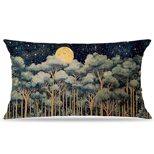 BUJSP Rustic William Morris Night Forest Green Moon Decor Pillow Covers 20x12,Vintage Botanical Nature Landscape Decorative Throw Pillow Covers for Home Bedroom Living Room