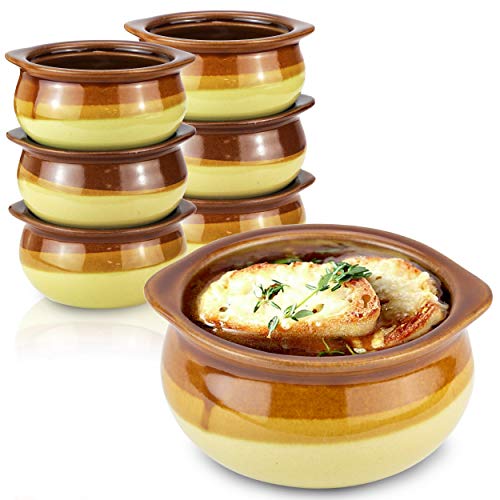 Suppentopf für französische Zwiebeln, 340 ml, Braun und elfenbeinfarben, Premium-Keramik-Porzellanschüsseln, mikrowellengeeignet, für Suppen, Eintöpfe, Chilis, gebackene Bohnen, Mac, Käse, 6 Stück Cover