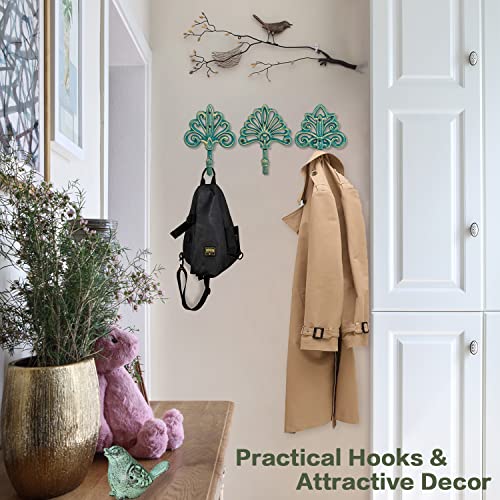 Sungmor Cast Iron Decorative Wall Hooks, 3Pc Antique Green Large Heavy Duty Wall Mounted Hanging Hooks, Unique Pretty French Country Style Farmhouse Wall Decor Hangers For Coats, Scarfs, Bags, Towels #TOP2