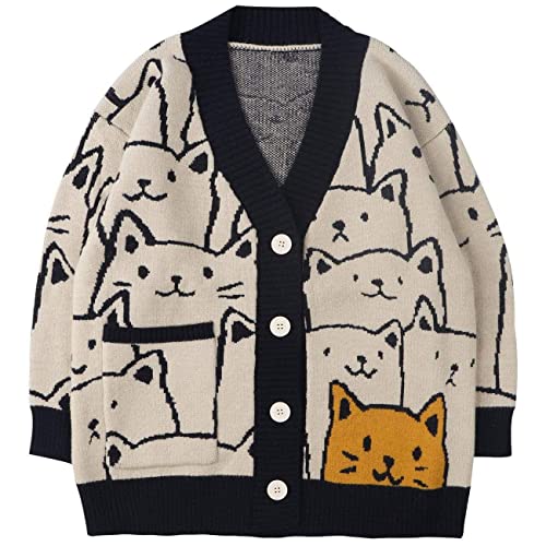 Vamtac Men's Button Down Long Sleeve Open Front Sweater Graphic Print Knit Cardigan Sweaters Loose Unisex Streetwear Outwear #TOP3