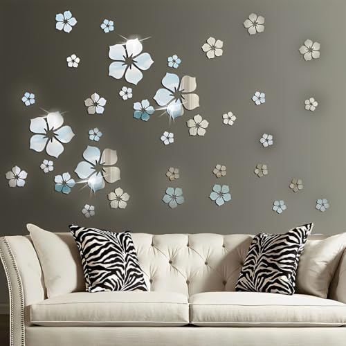 NOPVUFA 36 Pièces Stickers Muraux Fleurs Cristal Petit Miroir Mural, Stickers Miroir Fleurs Acrylique Argent 3D Stikers Murals Decoration pour Salon Chambre...
