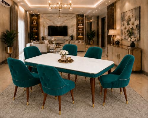 Image of WOODEN SPACE 6-Seater Wooden Dining Table Set | Nano Composite Marble Top | Solid Wood Base | Modern Dining Room Furniture with 6 Chairs (Sea Blue Grand Aura)