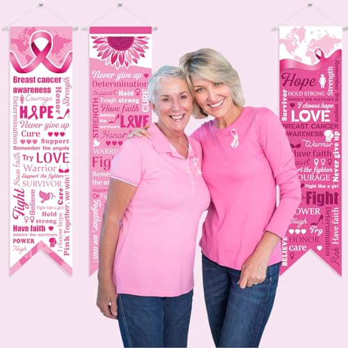 Image of Chiisong 3 Pieces Breast Cancer Awareness Decorations Pink Ribbon Banners Porch Signs Awareness Ribbon Hanging Backdrops for Indoor Outdoor Breast Cancer Party Decor Supplies
