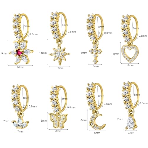 Dangle Nose Rings Hoop for Women Septum Nose Piercing Jewelry Cartilage Earring CZ Flower Leaf Star Butterfly Daith Tragus Helix Lip Piercing, Silver Gold Rose Gold2