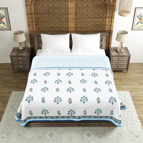 Image of BLOCKS OF INDIA 100% Cotton Dohar King Size Reversible Hand Block Printed Malmal Summer Dohar /Blanket (Blue Lily)