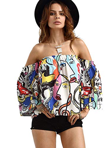 Romwe Women's Off Shoulder Cute Loose Blouse Crop Top Multicolor L