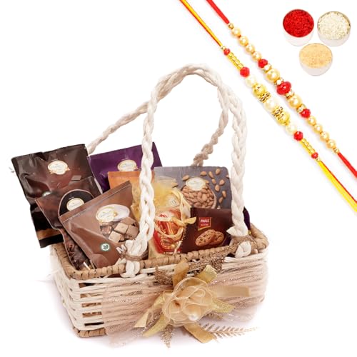 Ghasitaram Gifts Jaiccha Rakhi Gifts for Brothers Jute small basket with flower with Rakhi Pouch with bites and Cookies with 2 Rakhis