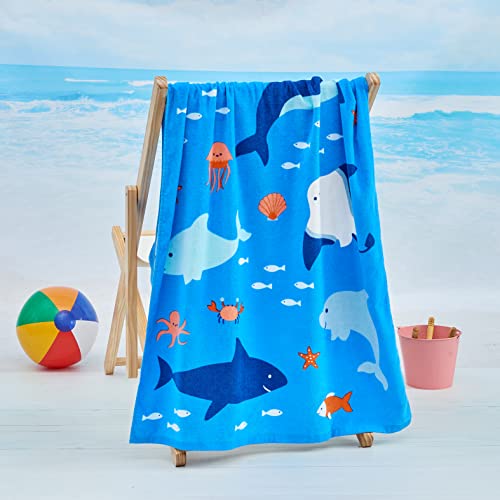 Sun Sprouts 100% Cotton Beach Towel Marine Life Pattern For Kids & Toddler. Bath, Pool, Camping, Travel Towel For Boys & Girls. 30” X 60” Quick-Dry & Super Absorbent Beach Blanket #TOP4
