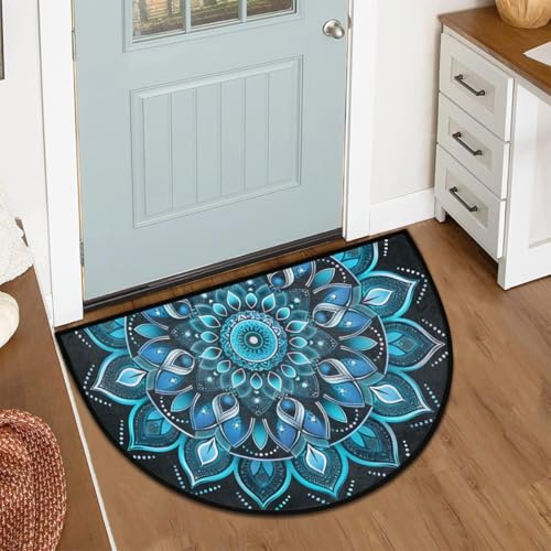 Image of cfpolar Half Round Door Mat Ethnic Mandala Blue Floral Non-Slip Semi Circle Area Rug Washable Half Moon Hearth Rugs for Indoor Outdoor Bathroom Kitchen Patio Runner Mat Laundry Room Home Decoration