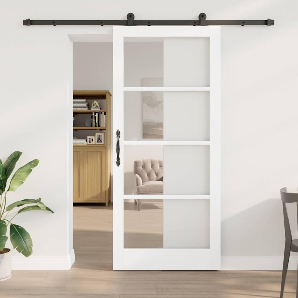 Puerta corredera ORKDAL blanca 93x211cm Madera maciza de pino y cristal con sistema deslizante, hoja de puerta, marco de puerta, marco de puerta, montaje para salones, comedores, deslizamiento