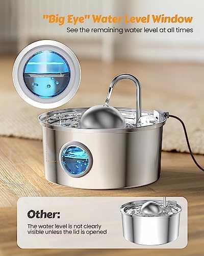 AONBOY Cat Water Fountain for Drinking, 3.2L Cat Fountain with Water Level Window, Stainless Steel Cat Water Fountain, Hemispherical Shape, Multi-Filter, Silent Pump, Water Tap