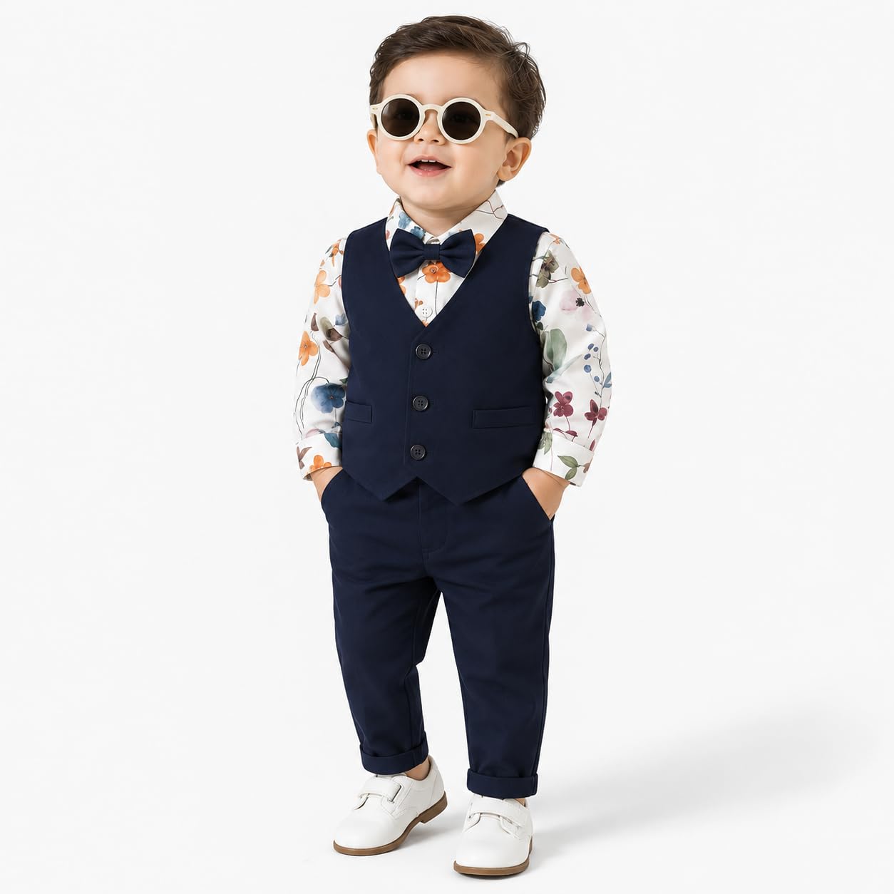 Baby Boys 3 Piece Formal Suit Set with Floral Printed Shirt, Waistcoat, Pant & Bow Tie | Kids Party, Wedding Birthday Dress | Stylish Toddler Outfit for Festive & Special Occasion Wear-picture-13
