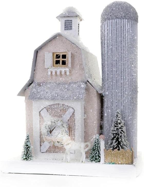 Cody Foster & Co Sparkly White and Silver Farmhouse Christmas Village Horse Barn Multicolor
