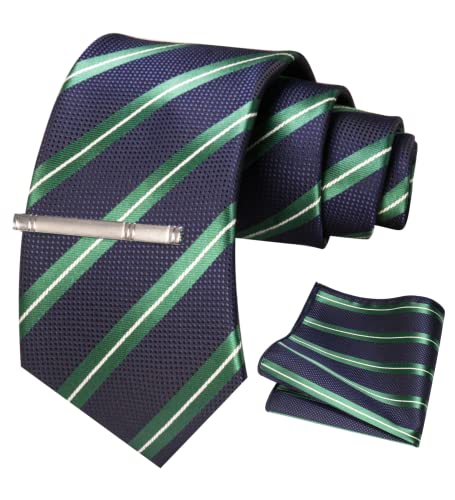 Image of RBOCOTT Silk Stripe Plaid Tie and Pocket Square with Tie Clip Sets for Men