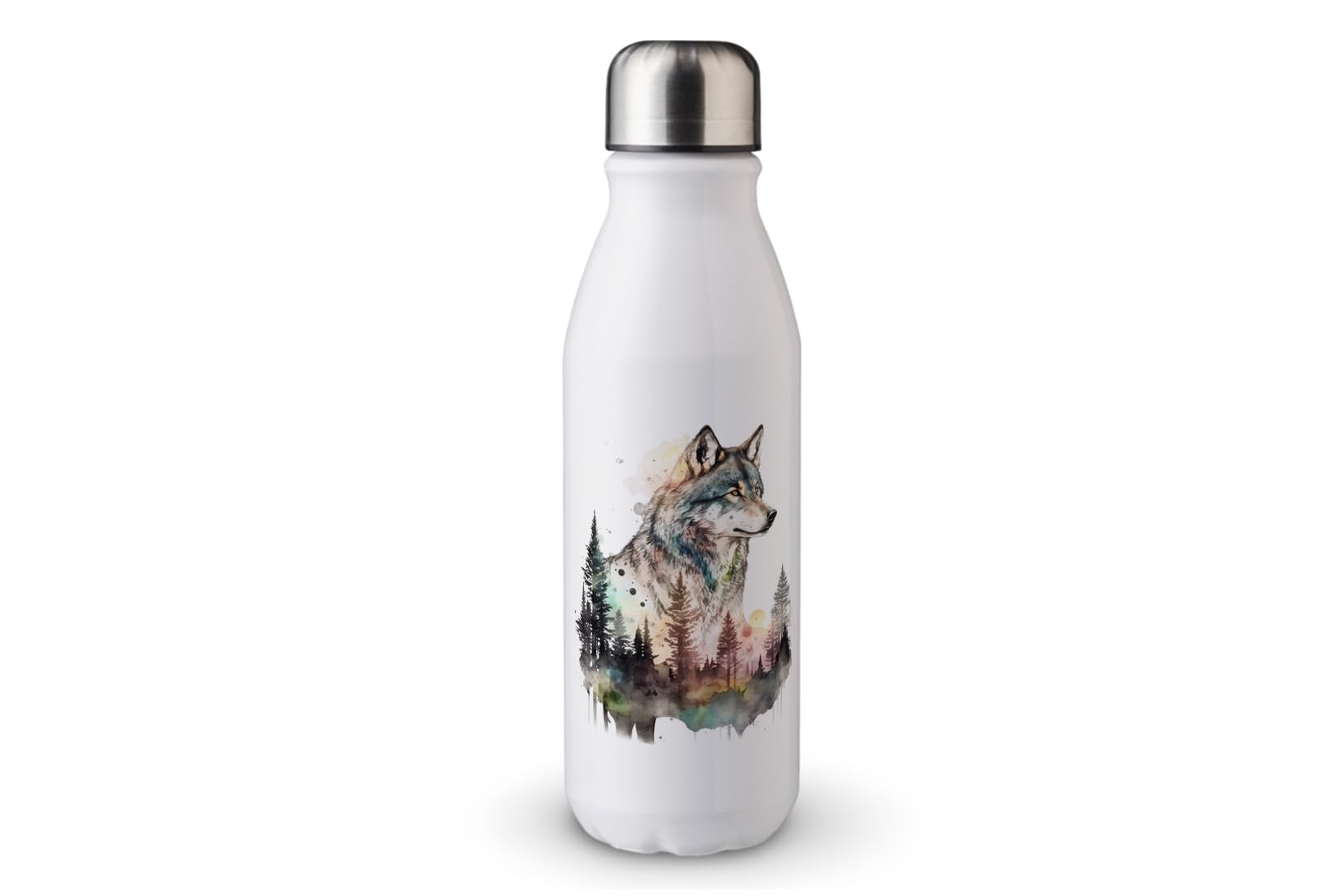 MAXIKIWI - Single Wall Water Drinking Bottle with Screw Cap, Non Insulated Lightweight Aluminium, BPA Free, Leak-Proof - Wolf Wall Art Watercolor - 500ml