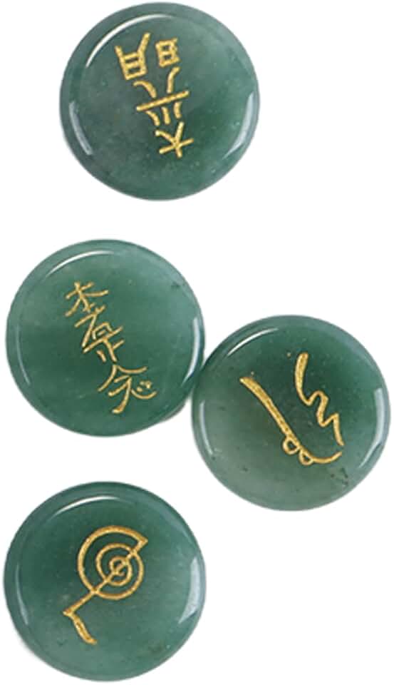 4 piedras de aventurina verde Reiki con símbolos Usui grabados y piedras de palma pulidas para chakras para meditación, 25 mm