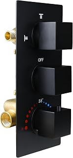 HOMEDEC Brass 3 Way Shower Diverter Valve, Black | Thermostatic 3 Handle Control Shower Mixing Valve Trim Kit Replacement, Rough In