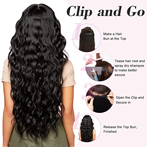 Reecho 20" 1-Pack 3/4 Full Head Curly Wave Clips In On Synthetic Hair Extensions Hairpieces For Women 5 Clips 4.5 Oz Per Piece - Natural Black #TOP4