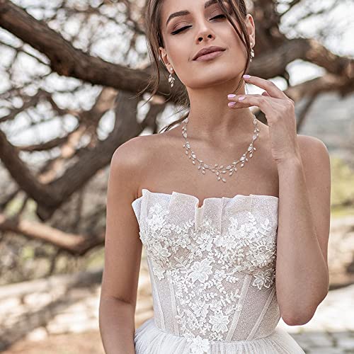 EVER FAITH Wedding Jewelry for Bride Women Bridesmaid, Sparkly Cubic Zirconia Pear-Shaped Birthstone Leaf Necklace Earrings Set for Prom2