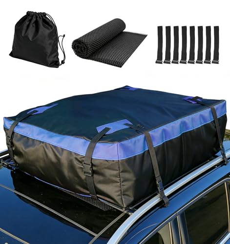Cyfie Car Rooftop Cargo Carrier Bag, 15 Cubic Feet Waterproof Heavy Duty 420D Oxford Cloth Car Roof Luggage Cargo Storage Bag for All Vehicles with/Without Rack, Includes Anti-Slip Mat, 8 Door Hooks