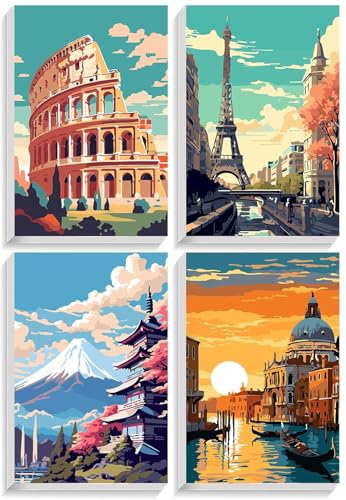 Image of Eiazuiks 4 Packs Stamping Cross Stitch Kit, Cityscape Counting Cross Stitch Kit for Adult Beginners, Full Line DIY Stitching Kit for Home Decor Cross Stitch Patterns 12x16 inches