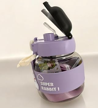 Coverzone Tavşan Su Matarası Boyun Askılı Suluk Renkli Çizgi Film ve Desenli Karakterler Çocuklara Özel Taşıması Kolay Okulda Piknikde Kullanıma Uygun 1 Litre CRK3 (Mor)