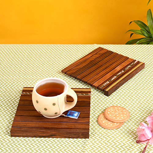 Image of AAKRITI ART CREATIONS Wooden Coaster Handcrafted with Flower Motif Set of 2 | Warli Art | Natural Brown Wooden Coasters | Matte Finish Table Coasters | for Dining Table & Home