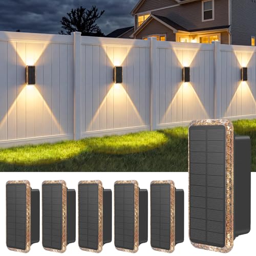 vighep Solar Fence Lights Outdoor 6 Pack 5CCT(3000K-6000K) Up and Down Solar Wall Lights IP65 Waterproof Dusk to Dawn Wood Fence Lights Solar Powered for Patio Porch Backyard Garage Wall Decor