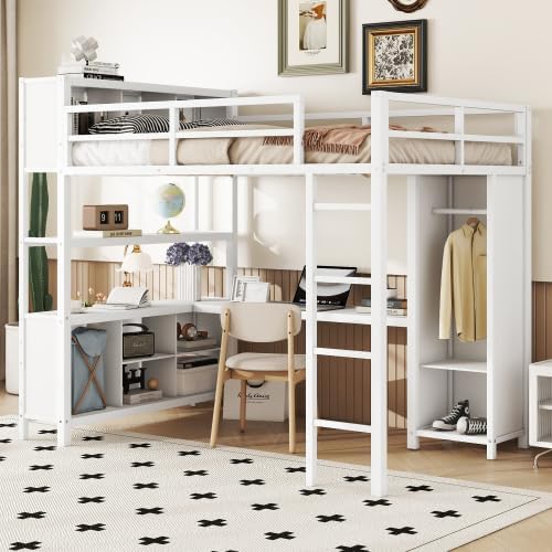 Bellemave Full Size Metal Loft Bed with Wardrobe and L-Shaped Desk, Heavy Duty Metal Loft Bed with Storage Cubes and Shelves for Kids Teens, White