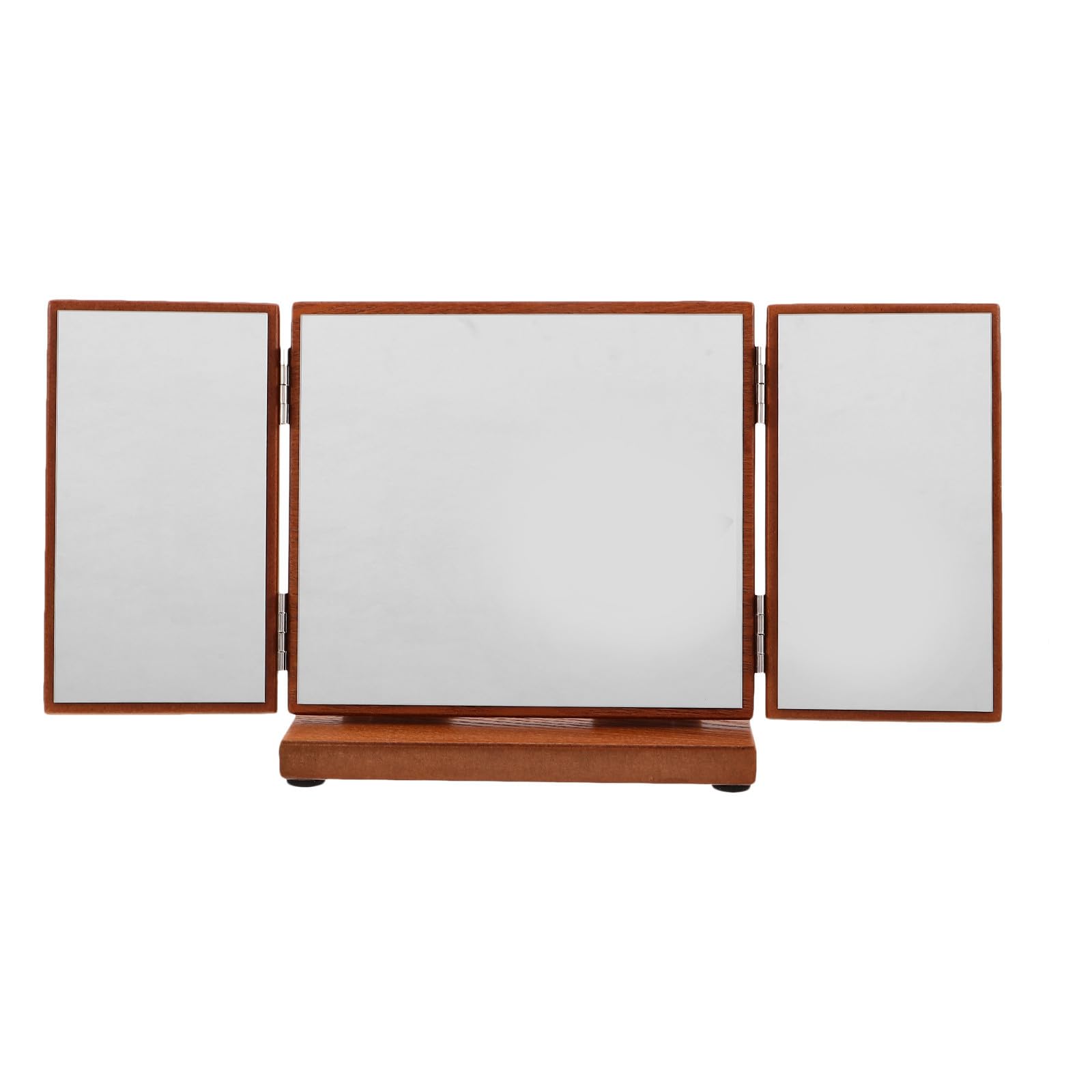 Espejo de maquillaje tríptico vintage para un tocador elegante con acabado liso de madera.