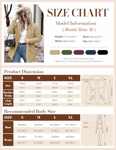 Vijamiy Winterparka Damen Warm Gefüttert Fleece Winterjacke Wasserdicht Wintermantel Winddicht Kapuzenmantel Mit Fell Lange parka(Khaki,S)