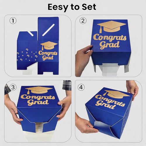 Image of OLANRUN 9 inch Graduation Card Box, Graduation Decorations 2026 - Congrats Grad Foldable Cardstock Money Box for Class of 2026 Grad Party Decor (Blue Gold)