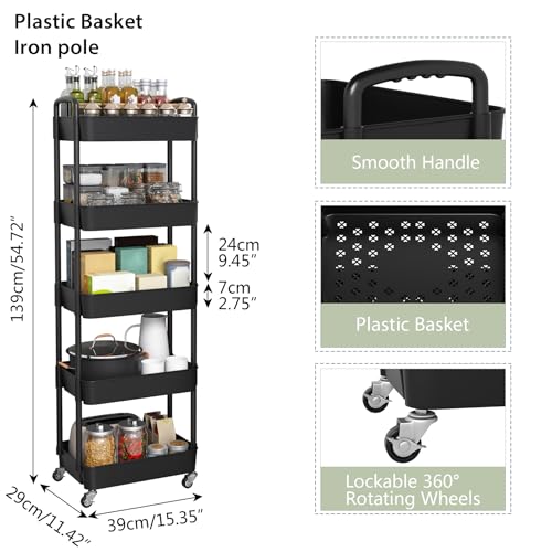 Image of Sywhitta 5-Tier Plastic Rolling Utility Cart with Wheels,Black | Multi-Functional Storage Trolley, for Office, Living Room, Kitchen, Bathroom,Movable Organizer,Space-Saving,Easy to assemble