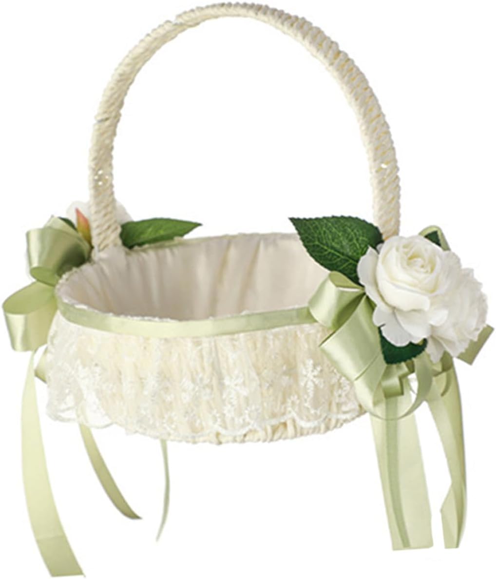 Uonlytech Flower Girl Basket Handheld Rustic Wedding Party Basket with Bowknot and Handle for Indoor Outdoor Ceremony Flower Petal Tossing