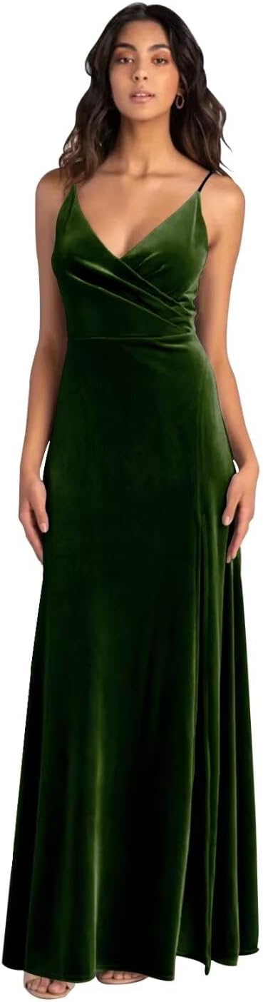 Velvet Bridesmaid Dresses Spaghetti Straps V Neck A Line Long Ruched Formal Evening Party Gown with Slit