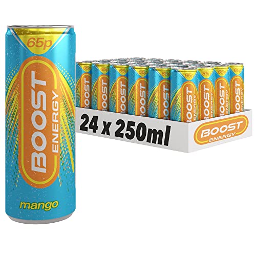 Boost Energy Drink Mango Flavour, 250ml x 24 pack, Vegan Friendly Great Tasting Energy Boost, Only 55 kcals per can, Gluten Free Taurine Carbonated Drink with Added B Vitamins and Caffeine