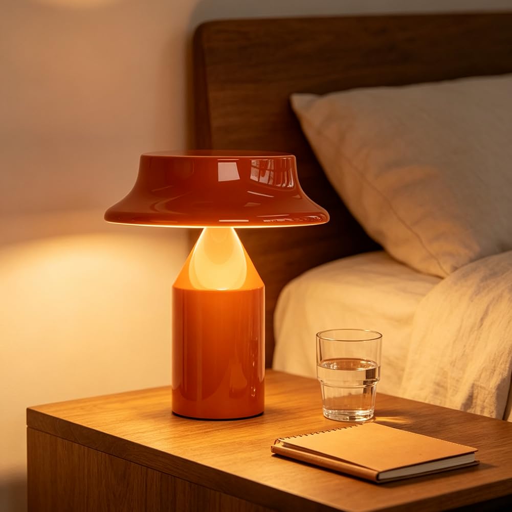 Lampada a LED a Forma di Fungo Arancione Ricaricabile Dimmerabile da Tavolo Senza fili con Comando Touch Ricaricabile Tramite USB Lampada a Batteria da 2000mAh in Metallo 3 Temperature di Colore