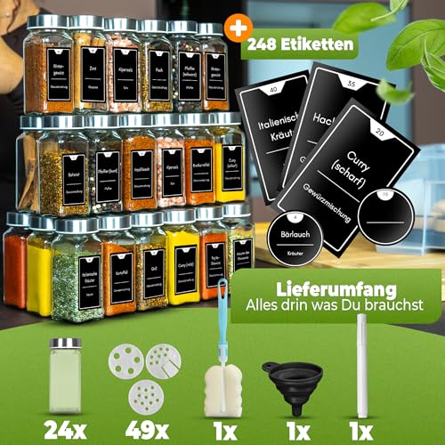 CLIDOR Gewürzgläser eckig [24 x 125ml], inklusive 248 Gewürzetiketten – Ansicht 5