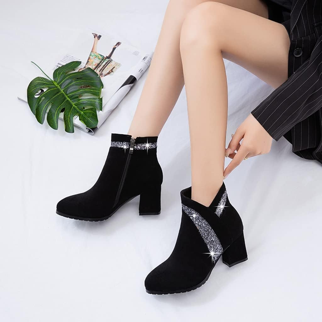Women's Fashion Glitter Dressy Ankle Boots Round Toe Side Zipper Chunky High Heel Dress Short Booties - Image 7