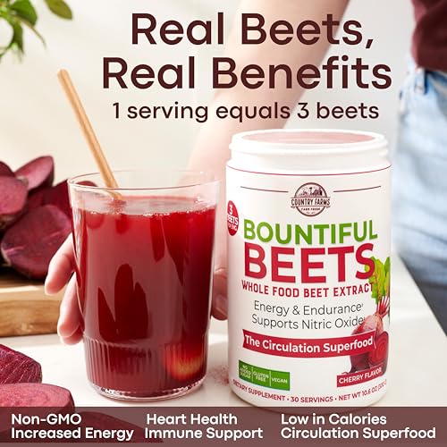 Image of Country Farms Bountiful Beets, Wholefood Beet Extract Superfood, Helps Support Healthy Circulation and Promote Energy, Nitric Oxide Boost, Cherry Flavor, 30 Servings