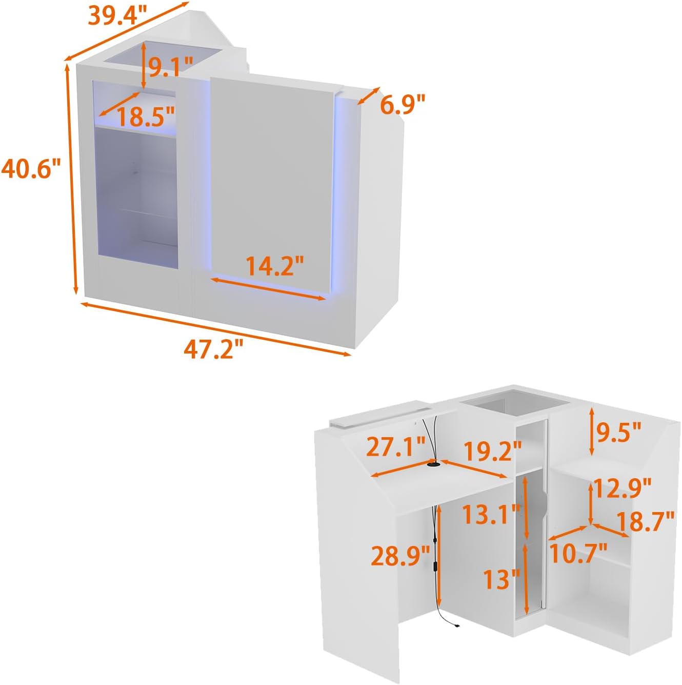 L-Shape Reception Desk with Lights, Front Counter Table with Glass Shelves, Reception Room Table, Counter Desk for Retail Checkout, Lobby Salon Store, White, 39.4”D x 47.2”W x 40.6”H