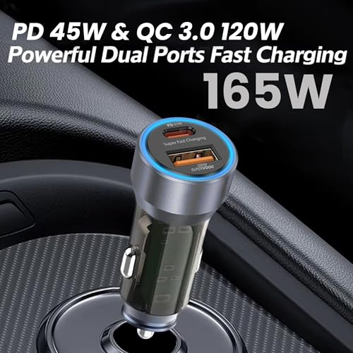 Image of 165W Super Fast Car Charger with 60W 3-in-1 Cable, PD 45W USB C & 120W SuperVOOC Dual Port Car Charging Adapter Compatible with iPhone, Samsung Galaxy, OnePlus, Oppo, Vivo and Android Devices