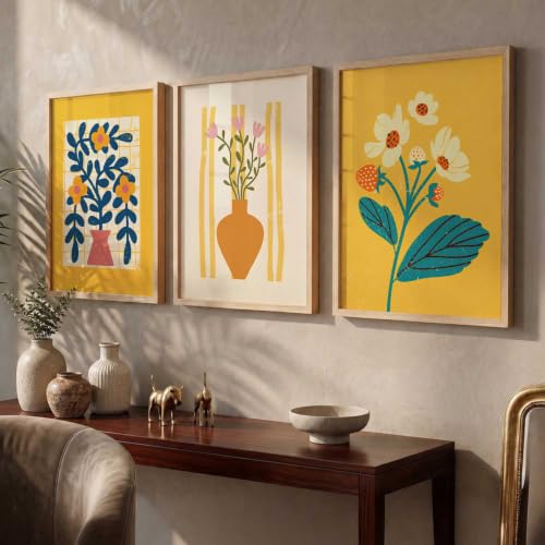 Image of kotart Aesthetic Floral Art Home Decoration | Boho Floral Paintings With Frame For Living Room Bed Room Hotel Wall Decor Digital Reprint Set of 3 (14x20 Inch)