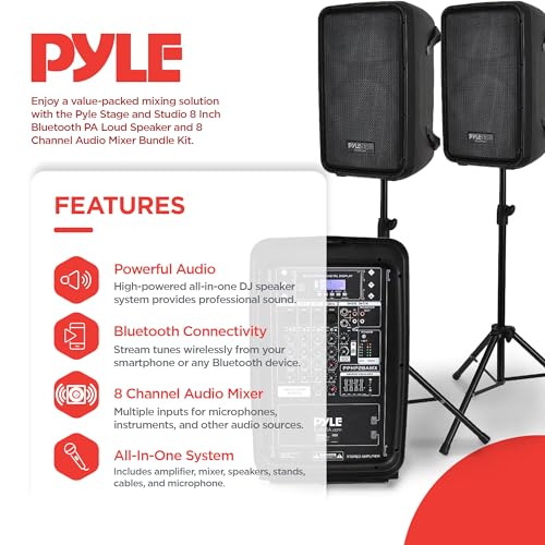 Pyle PA Speaker DJ Mixer Bundle - 300 W Portable Wireless Bluetooth Sound System w/ USB SD XLR 1/4" RCA Inputs - Dual Speaker, Mixer, Microphone, Stand, Cable - Home/Outdoor Party - PPHP28AMX,Black - Image 3