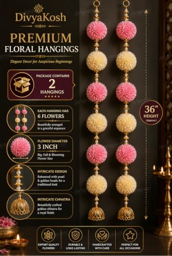 Image of DivyaKosh Floral Hanging Toran for Door & Wall Decor, Pack of 2, 36 Inch, 6 Flower, Pink Ivory, Pearl Beads & Golden Chhatra, Festive Home Decor